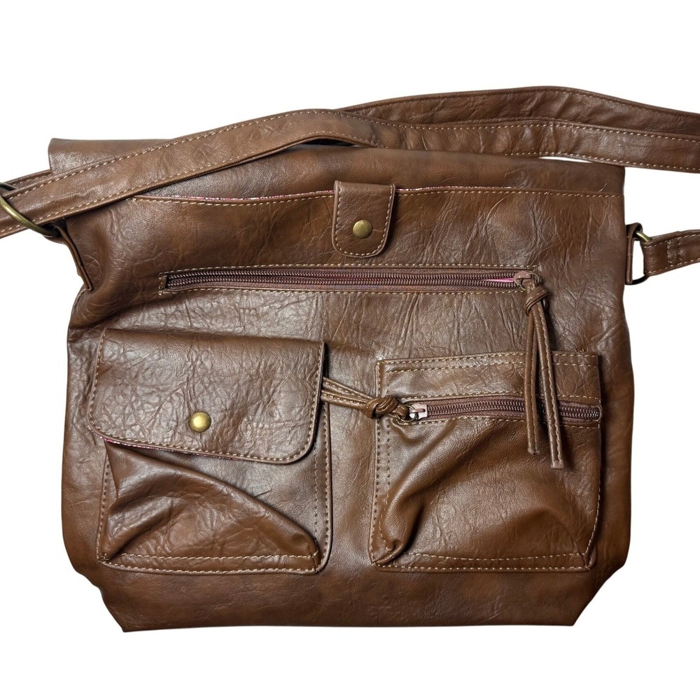 NWT Brown Leather Foldover Crossbody Bag Multi Pocket Messenger Purse Boho